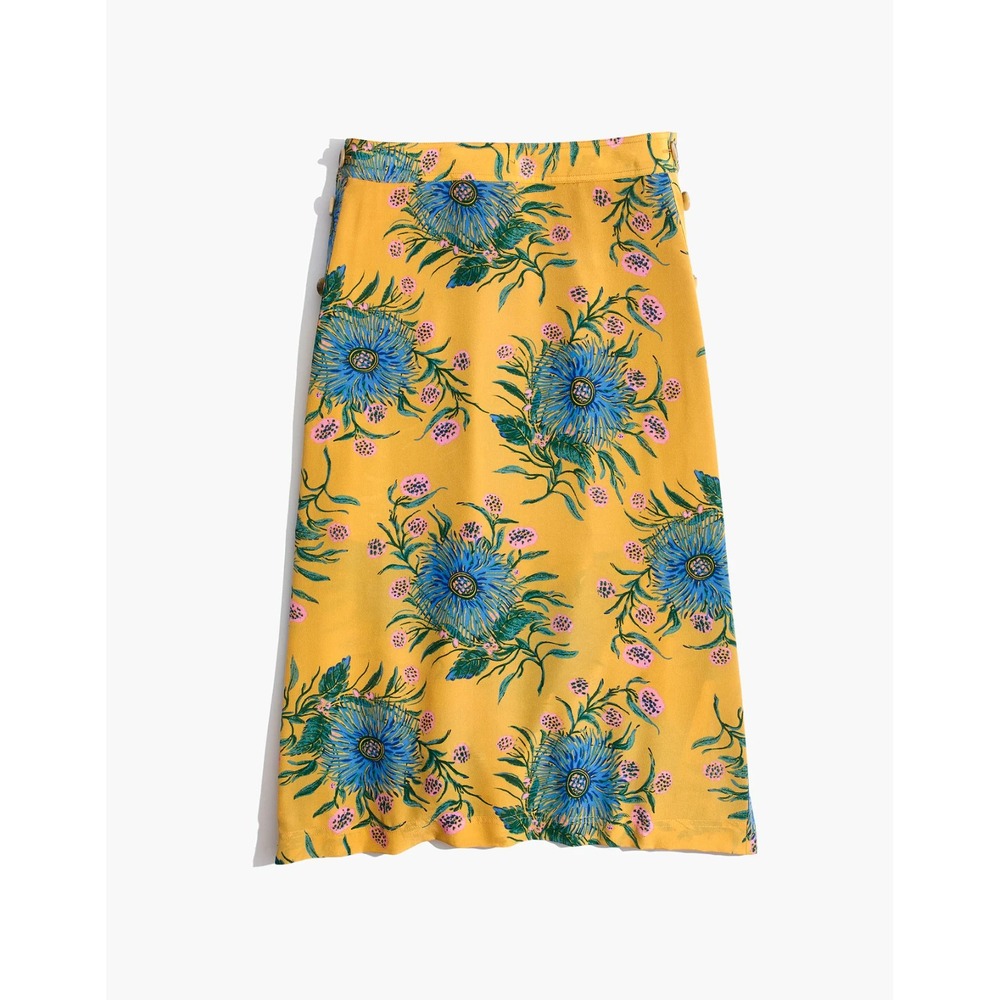 Madewell Silk Skirt Women's 00‎ Van Greek Gold Painted Blooms Side-Button NWOT